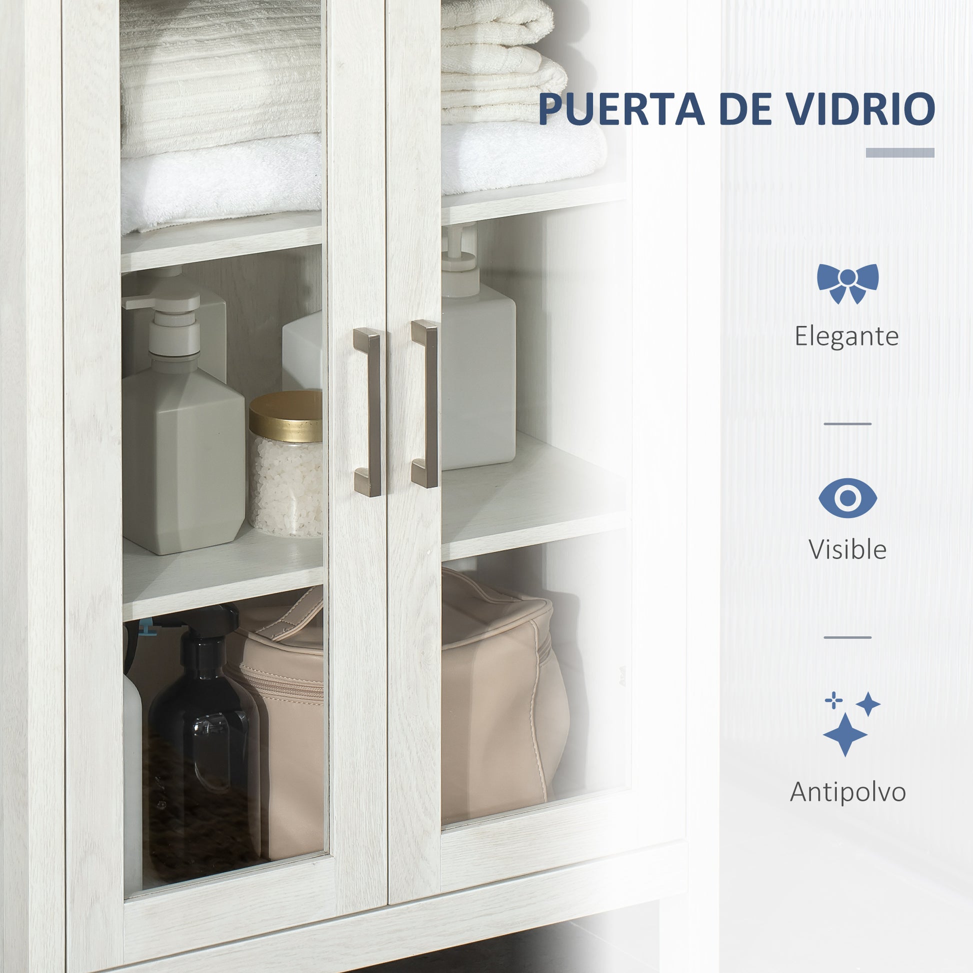 Tall Bathroom Cabinet with 2 Glass Doors and 3 Open Shelves Bathroom Storage Column for Living Room Bathroom Bedroom Modern Style 53x30x162 cm White