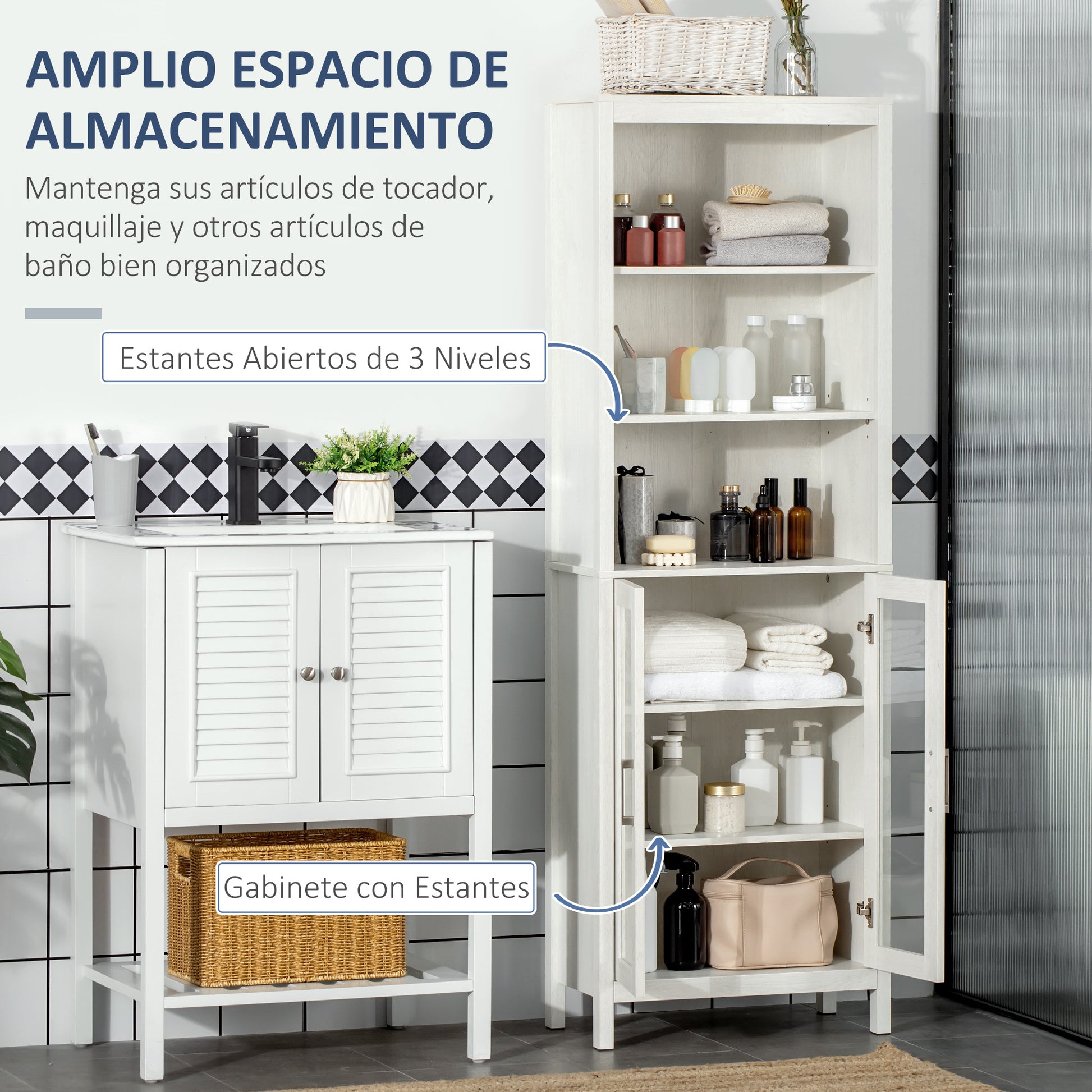 Tall Bathroom Cabinet with 2 Glass Doors and 3 Open Shelves Bathroom Storage Column for Living Room Bathroom Bedroom Modern Style 53x30x162 cm White