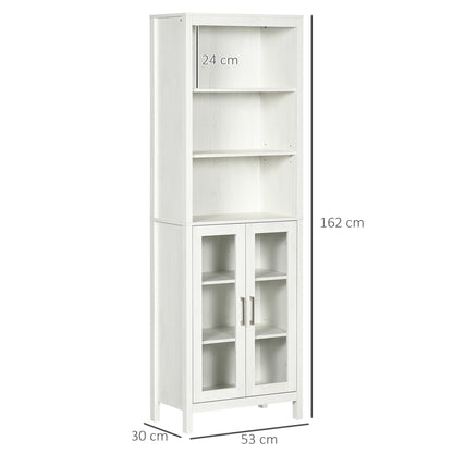 Tall Bathroom Cabinet with 2 Glass Doors and 3 Open Shelves Bathroom Storage Column for Living Room Bathroom Bedroom Modern Style 53x30x162 cm White