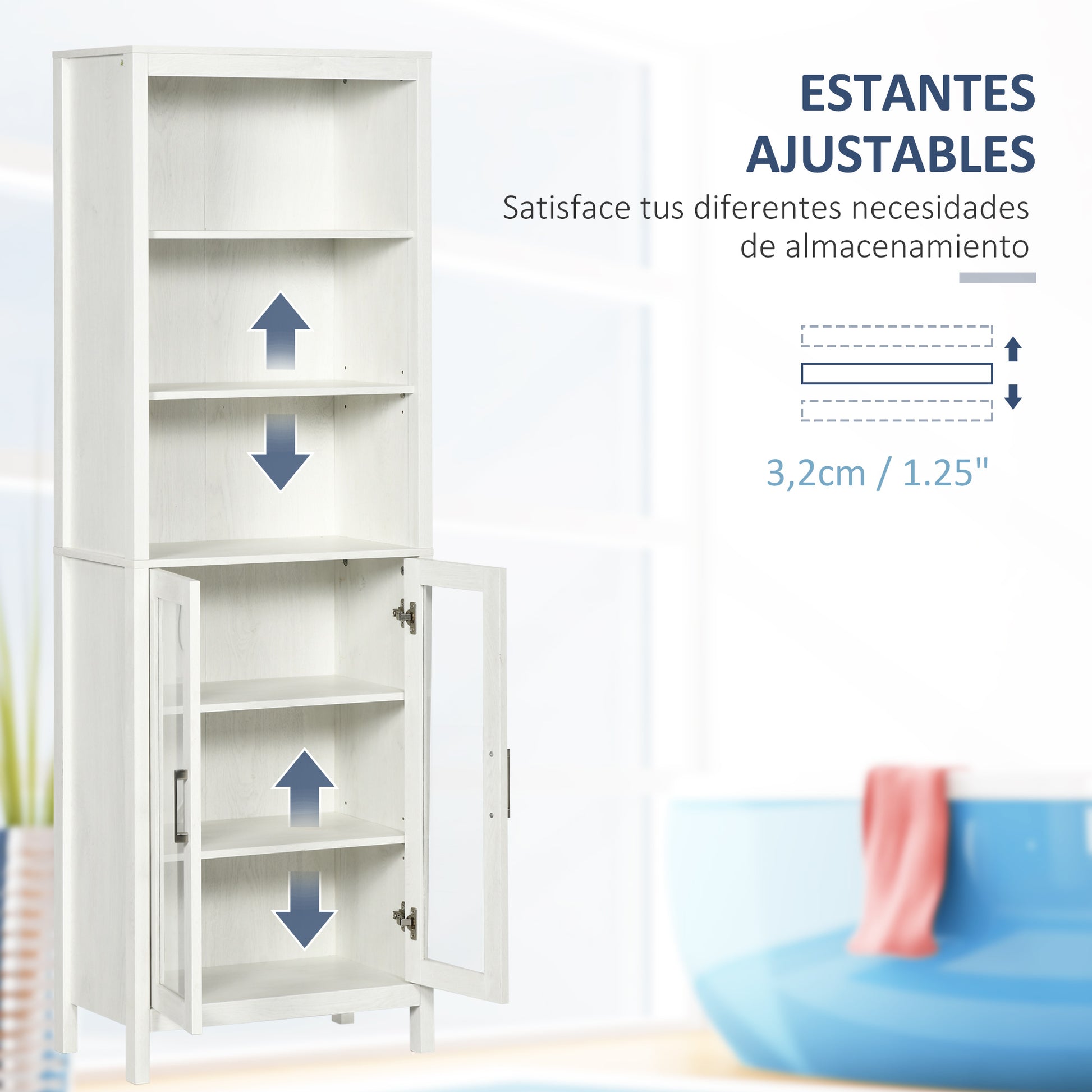 Tall Bathroom Cabinet with 2 Glass Doors and 3 Open Shelves Bathroom Storage Column for Living Room Bathroom Bedroom Modern Style 53x30x162 cm White