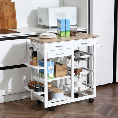 Kitchen Cart Multifunctional Serving Trolley with Drawers Baskets Shelves Spice Rack Towel Rack Wheels 92x37x82 cm White