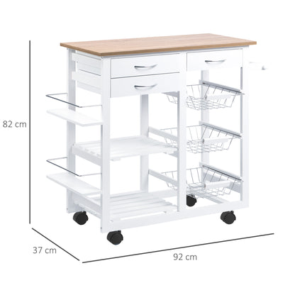 Kitchen Cart Multifunctional Serving Trolley with Drawers Baskets Shelves Spice Rack Towel Rack Wheels 92x37x82 cm White