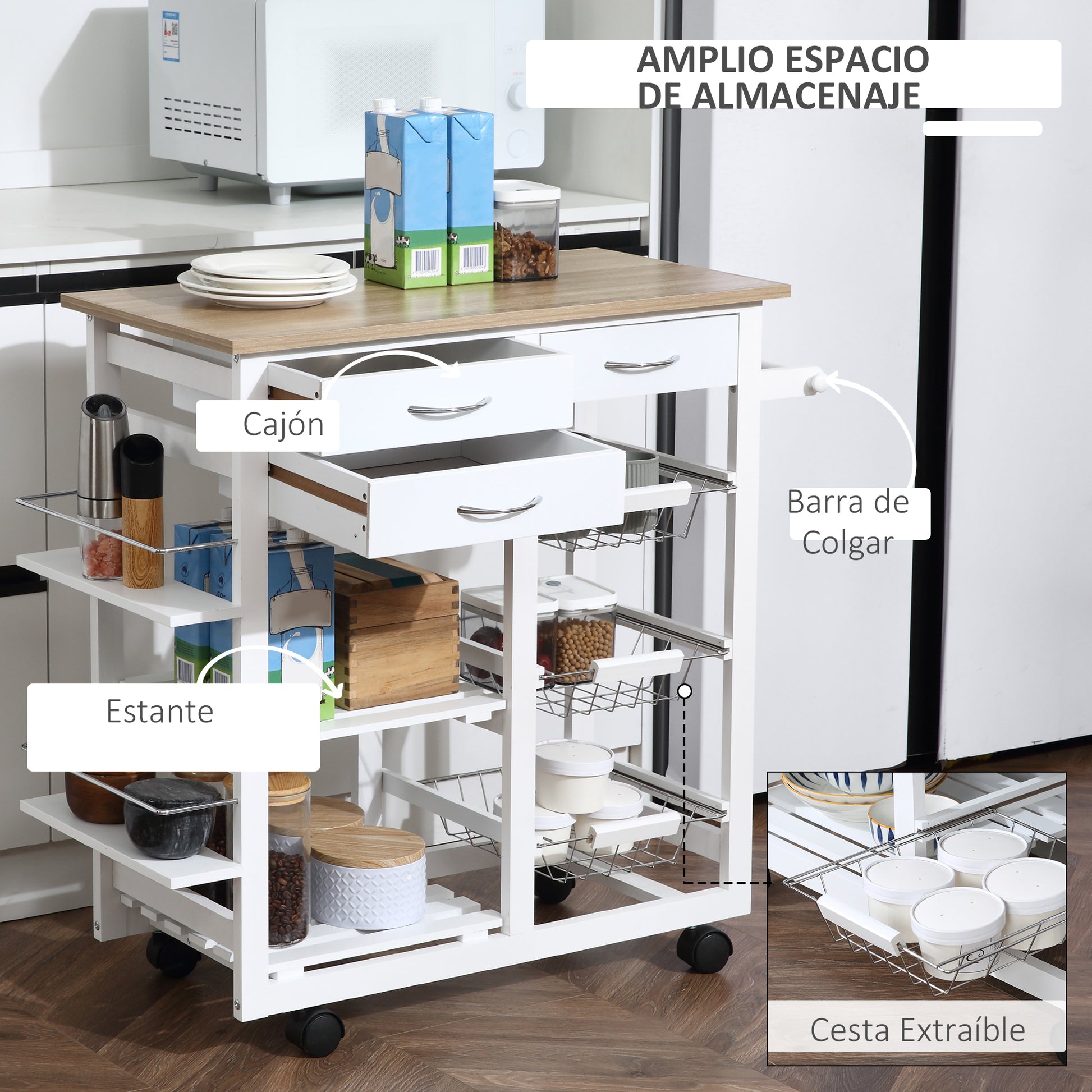 Kitchen Cart Multifunctional Serving Trolley with Drawers Baskets Shelves Spice Rack Towel Rack Wheels 92x37x82 cm White