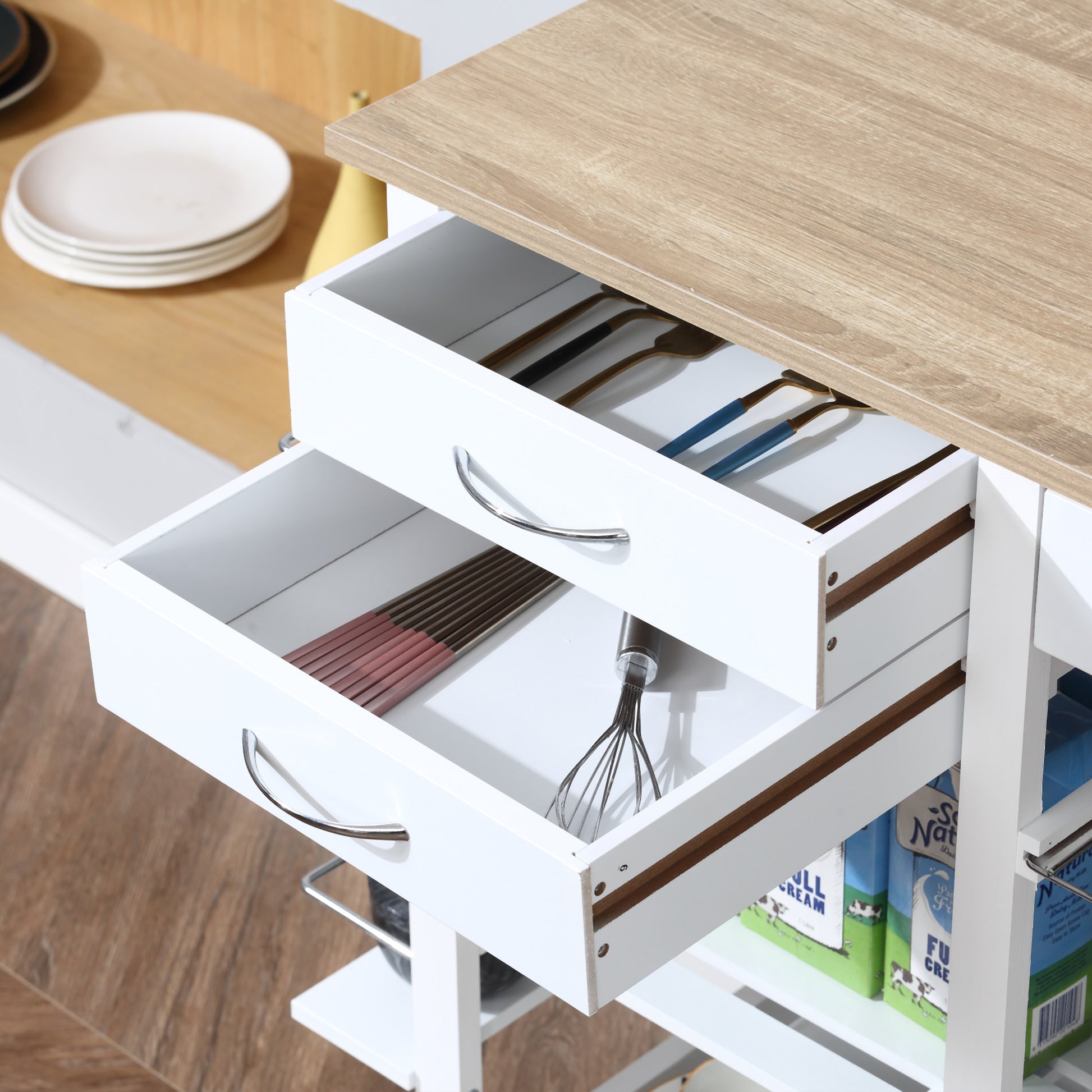 Kitchen Cart Multifunctional Serving Trolley with Drawers Baskets Shelves Spice Rack Towel Rack Wheels 92x37x82 cm White