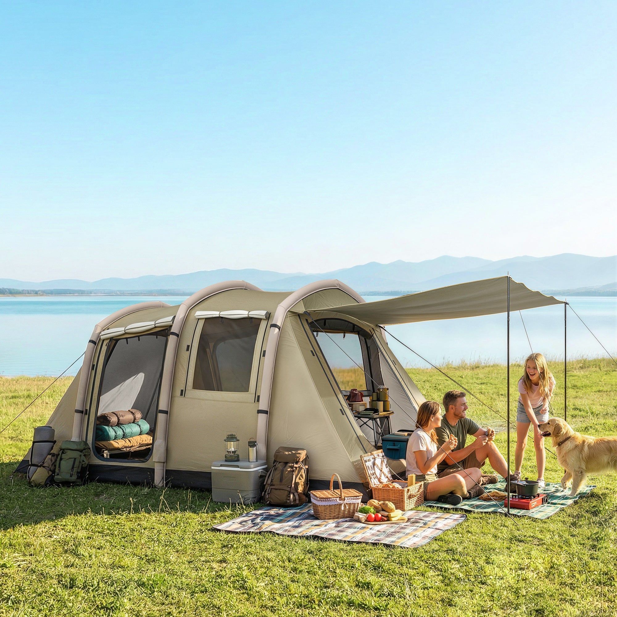 Inflatable 5–6 Person Camping Tent — Fast Air Setup, Mesh Windows, Waterproof Oxford Fabric, Awning & Groundsheet