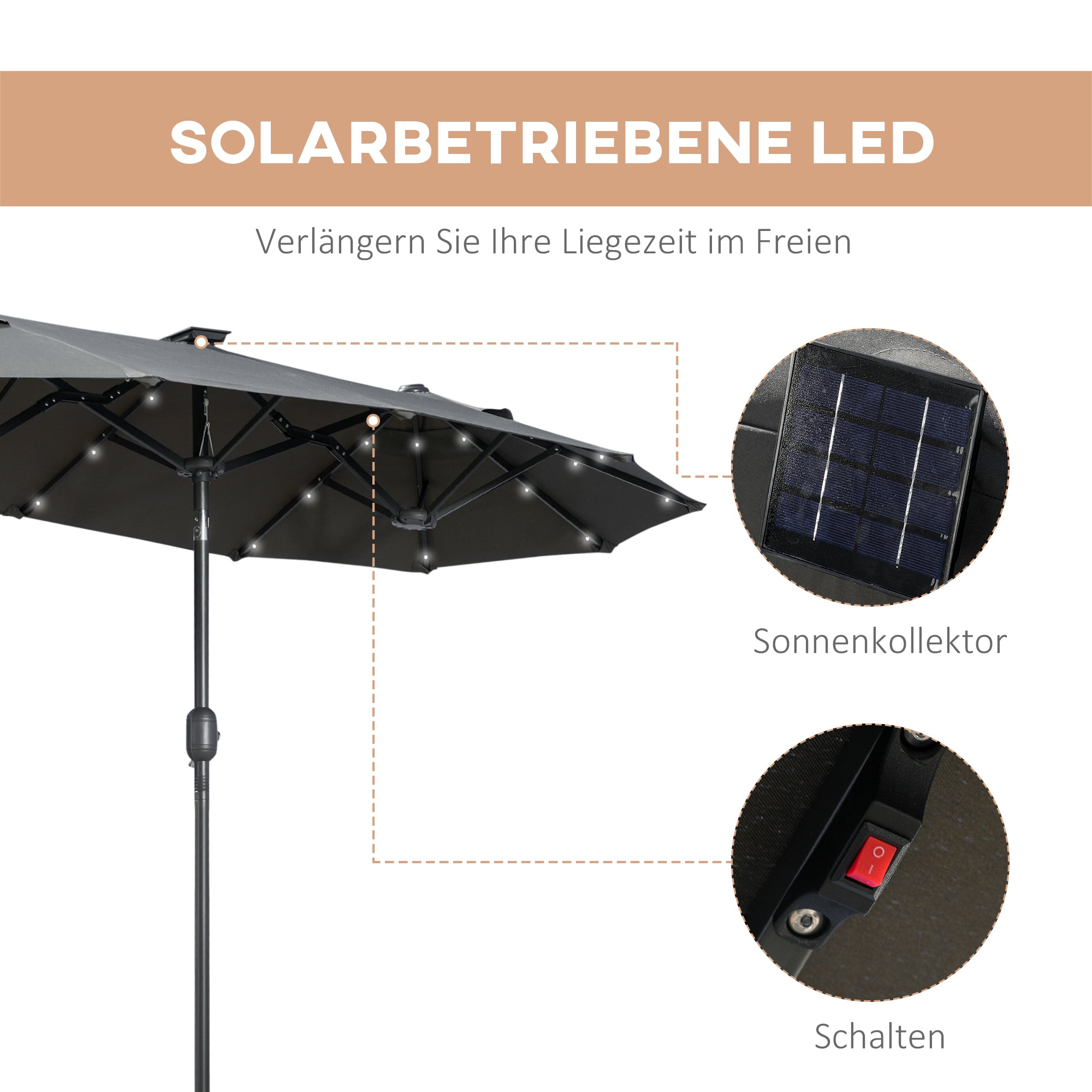 Double Parasol, 295 x 219cm, Parasol with LED, oval, windproof garden umbrella, stable, market umbrella with adjustable tilt angle for terrace, pool, polyester, steel, Dark Gray