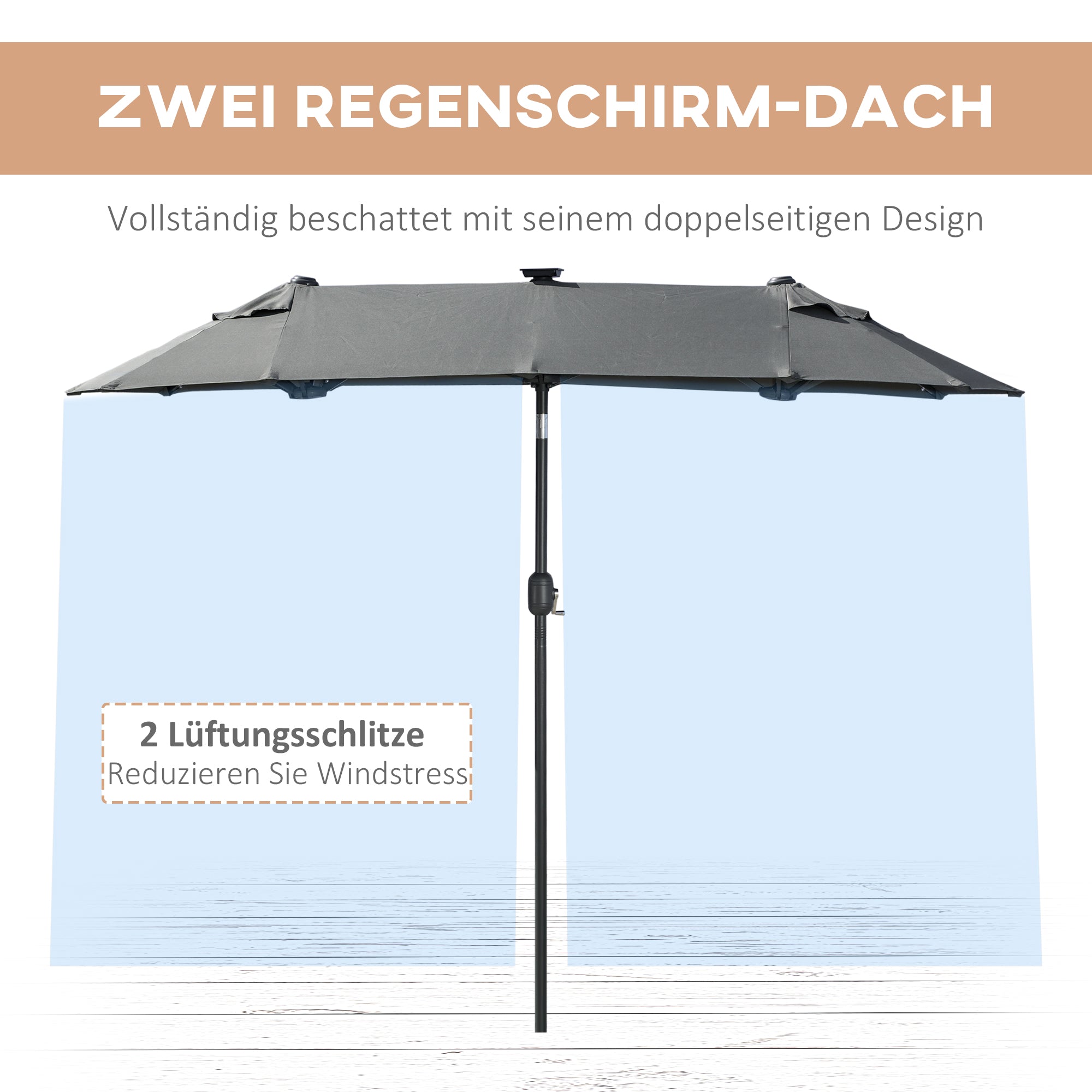 Double Parasol, 295 x 219cm, Parasol with LED, oval, windproof garden umbrella, stable, market umbrella with adjustable tilt angle for terrace, pool, polyester, steel, Dark Gray