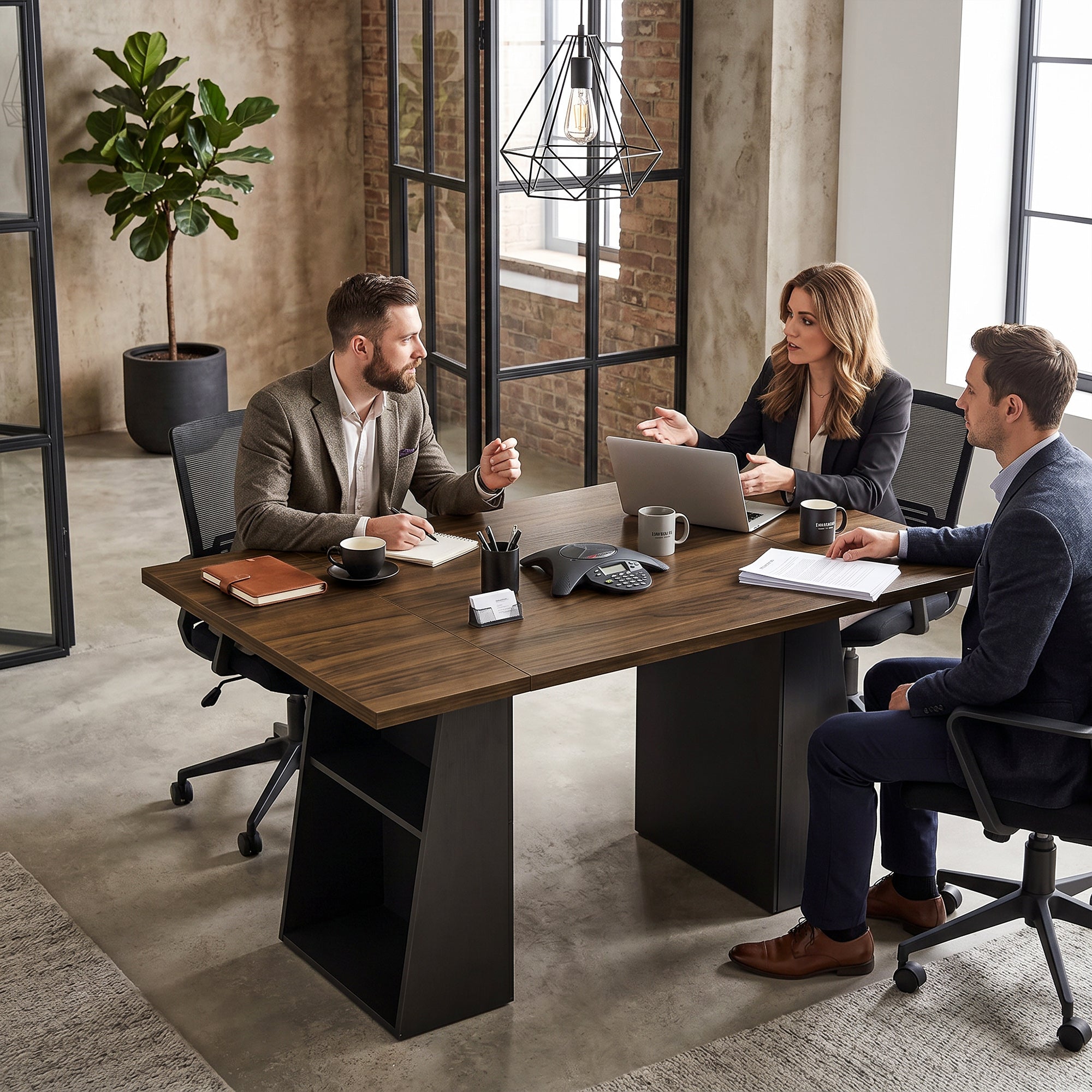 55.1 in (140 cm) Computer Desk with 4 Open Shelves & Trapezoid Metal Frame — Brown Woodgrain / Black