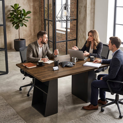 55.1 in (140 cm) Computer Desk with 4 Open Shelves & Trapezoid Metal Frame — Brown Woodgrain / Black