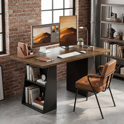 55.1 in (140 cm) Computer Desk with 4 Open Shelves & Trapezoid Metal Frame — Brown Woodgrain / Black