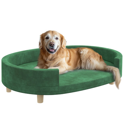Dog Sofa, Cat Couch, Cat Armchair, Soft Velvet Surface, with Removable Cushion, Solid Wood Legs, 100L x 70W x 25H cm, Green