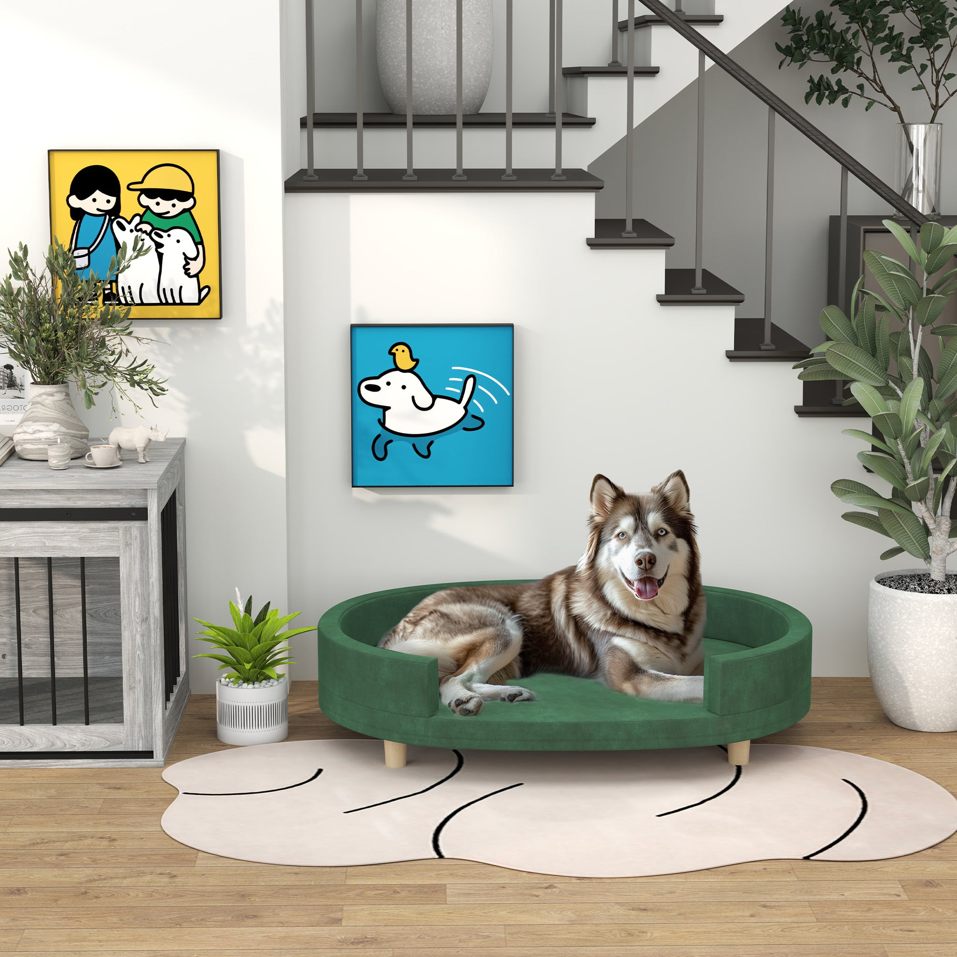 Dog Sofa, Cat Couch, Cat Armchair, Soft Velvet Surface, with Removable Cushion, Solid Wood Legs, 100L x 70W x 25H cm, Green
