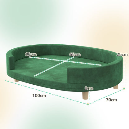 Dog Sofa, Cat Couch, Cat Armchair, Soft Velvet Surface, with Removable Cushion, Solid Wood Legs, 100L x 70W x 25H cm, Green