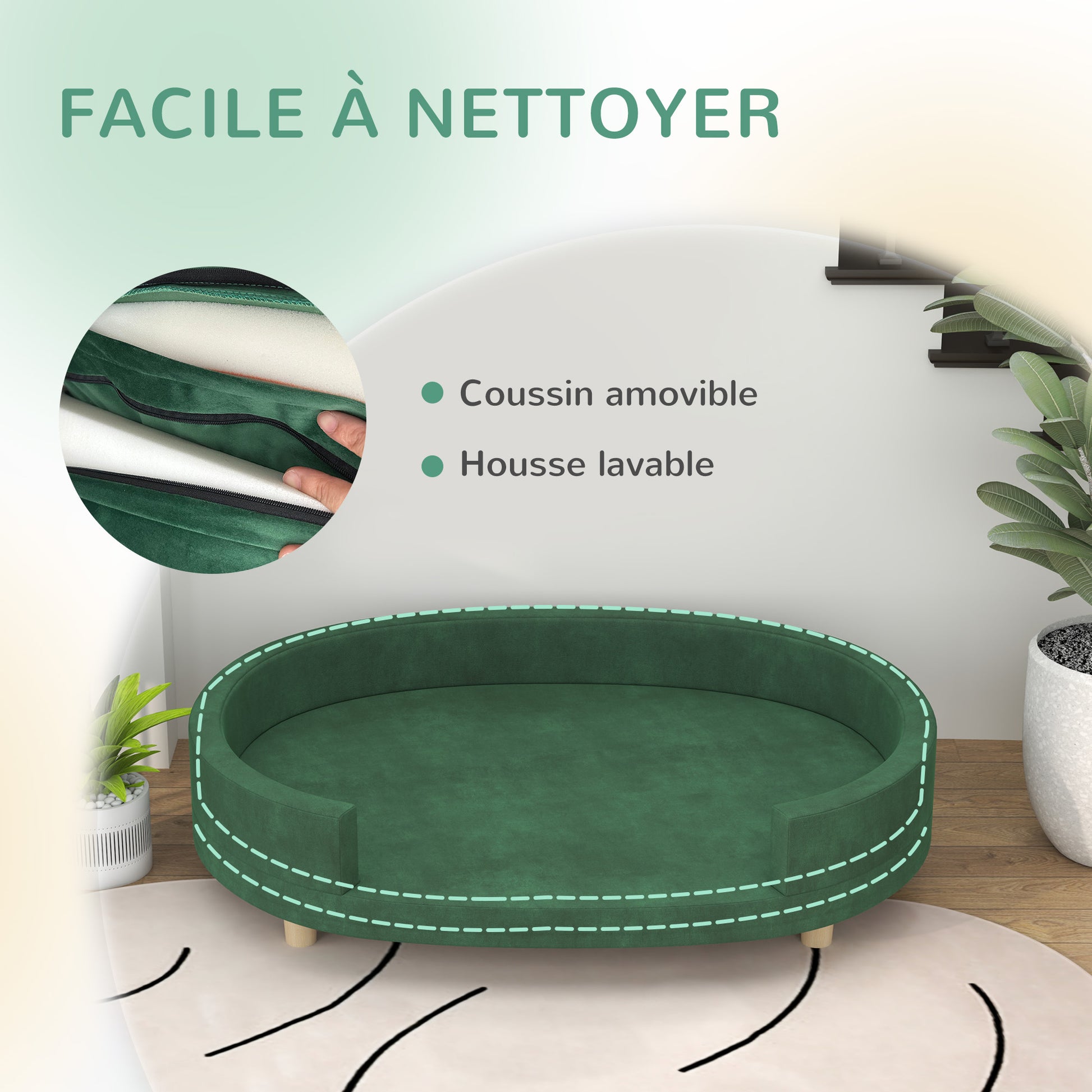 Dog Sofa, Cat Couch, Cat Armchair, Soft Velvet Surface, with Removable Cushion, Solid Wood Legs, 100L x 70W x 25H cm, Green