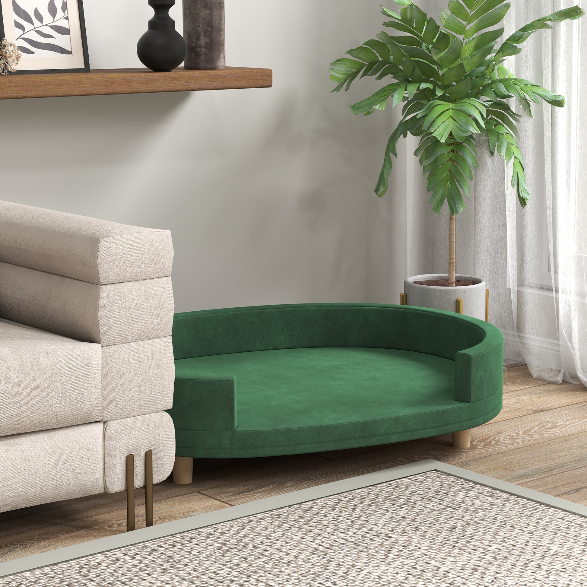 Dog Sofa, Cat Couch, Cat Armchair, Soft Velvet Surface, with Removable Cushion, Solid Wood Legs, 100L x 70W x 25H cm, Green