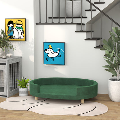 Dog Sofa, Cat Couch, Cat Armchair, Soft Velvet Surface, with Removable Cushion, Solid Wood Legs, 100L x 70W x 25H cm, Green