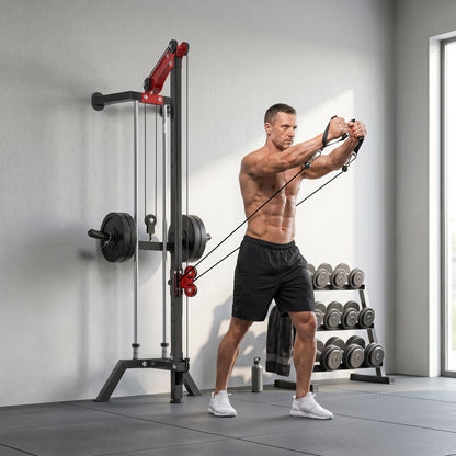SPORTNOW Wall-Mounted Lat Machine with 16 Adjustable Pulley Positions, Cable Station with Pulldown Bar and Adjustable Weight Posts, Heavy-Duty Steel for Home & Gym