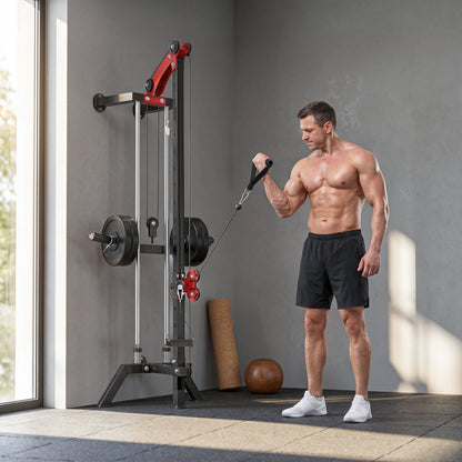 SPORTNOW Wall-Mounted Lat Machine with 16 Adjustable Pulley Positions, Cable Station with Pulldown Bar and Adjustable Weight Posts, Heavy-Duty Steel for Home & Gym