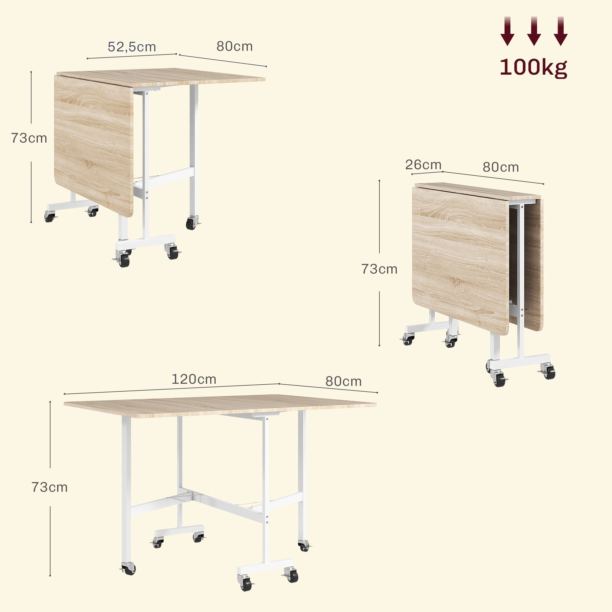 Folding Dining Table for 4-6 People Folding Kitchen Table with Wheels and Drop Leaves Foldable Table for Kitchen Living Room 120x80x73 cm Oak