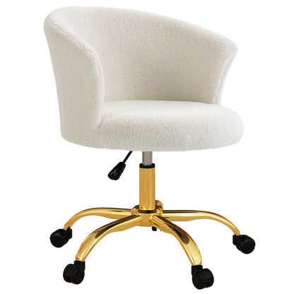 Teddy Fleece Ergonomic Office Chair, Vanity Chair, Swivel Chair with Adjustable Height, Padded Seat, and Golden Steel Base, for Office, Living Room, Bedroom, White