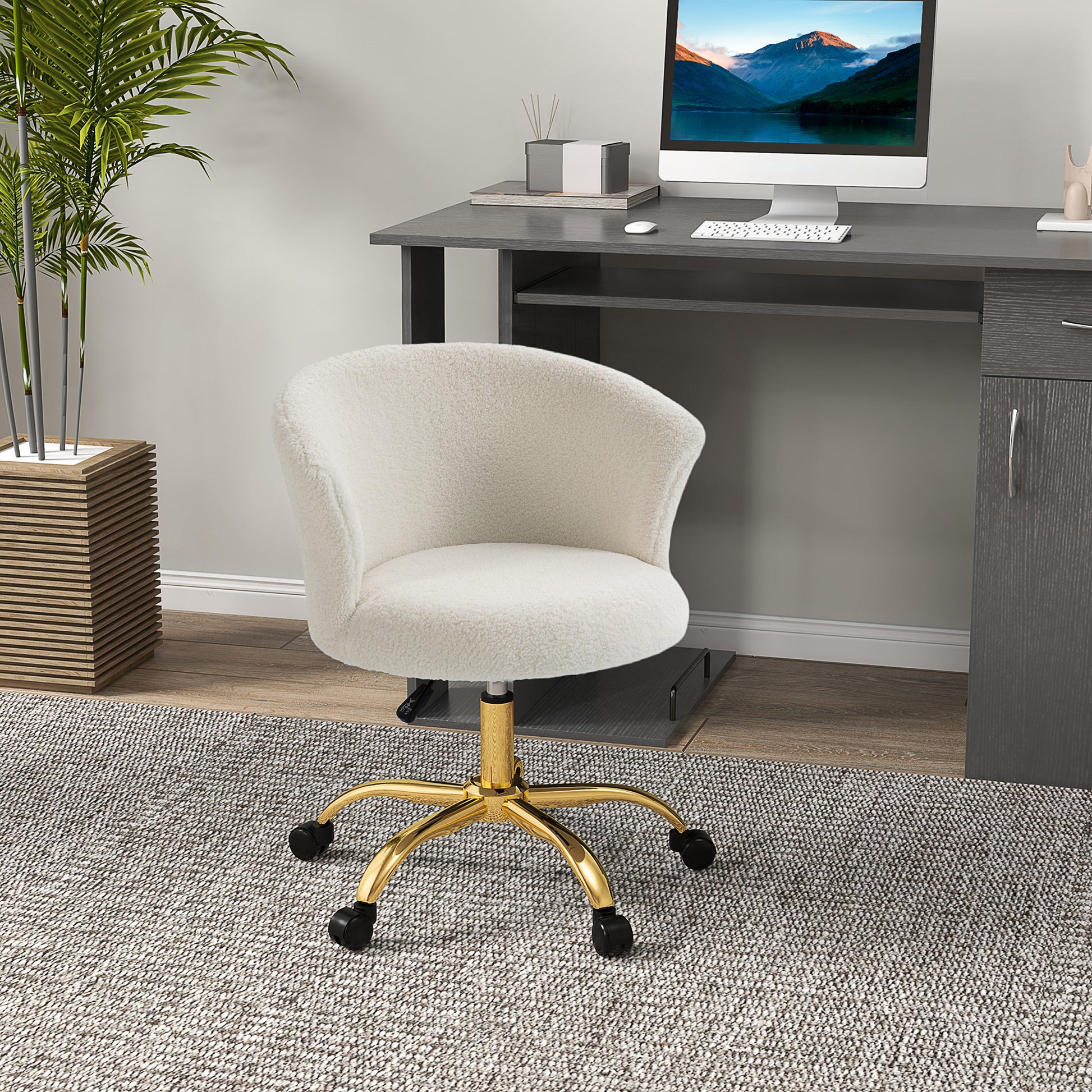 Teddy Fleece Ergonomic Office Chair, Vanity Chair, Swivel Chair with Adjustable Height, Padded Seat, and Golden Steel Base, for Office, Living Room, Bedroom, White