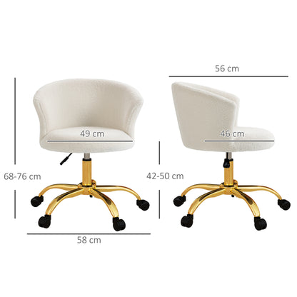 Teddy Fleece Ergonomic Office Chair, Vanity Chair, Swivel Chair with Adjustable Height, Padded Seat, and Golden Steel Base, for Office, Living Room, Bedroom, White