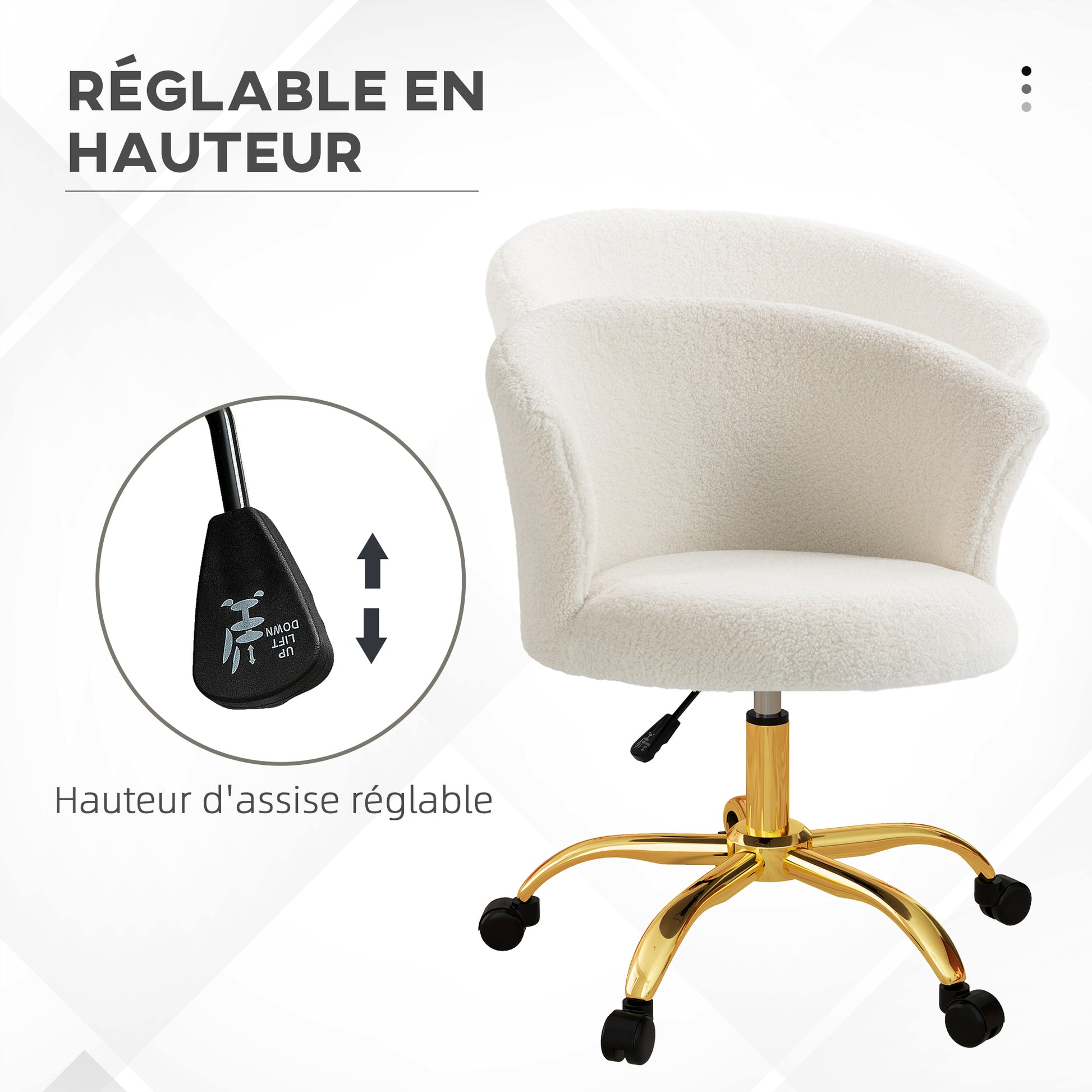 Teddy Fleece Ergonomic Office Chair, Vanity Chair, Swivel Chair with Adjustable Height, Padded Seat, and Golden Steel Base, for Office, Living Room, Bedroom, White