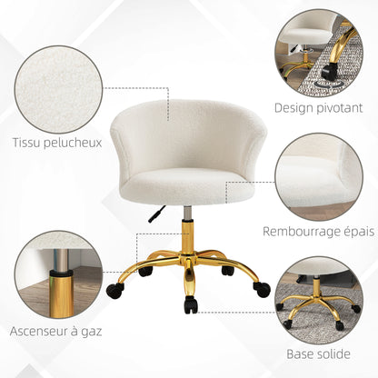 Teddy Fleece Ergonomic Office Chair, Vanity Chair, Swivel Chair with Adjustable Height, Padded Seat, and Golden Steel Base, for Office, Living Room, Bedroom, White