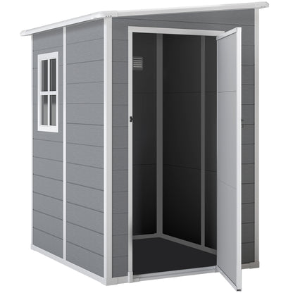 Tool Shed 1.54m³, Garden Shed with Pent Roof, Base 122 x 149 x 192/177 cm, Weatherproof Tool Shed with Lockable Door, Window, Plastic Garden Cabinet, for Backyard, Garden, Gray