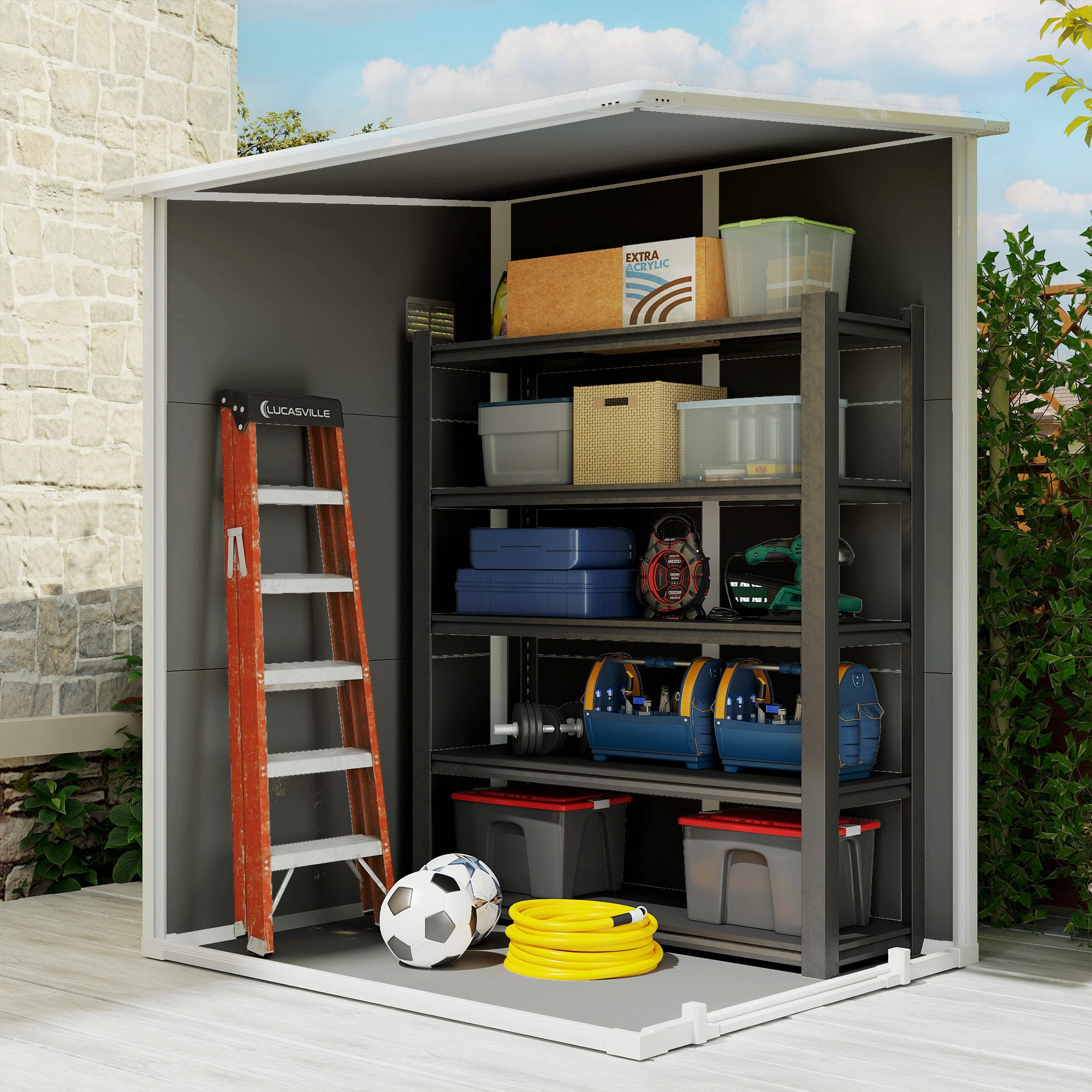 Tool Shed 1.54m³, Garden Shed with Pent Roof, Base 122 x 149 x 192/177 cm, Weatherproof Tool Shed with Lockable Door, Window, Plastic Garden Cabinet, for Backyard, Garden, Gray