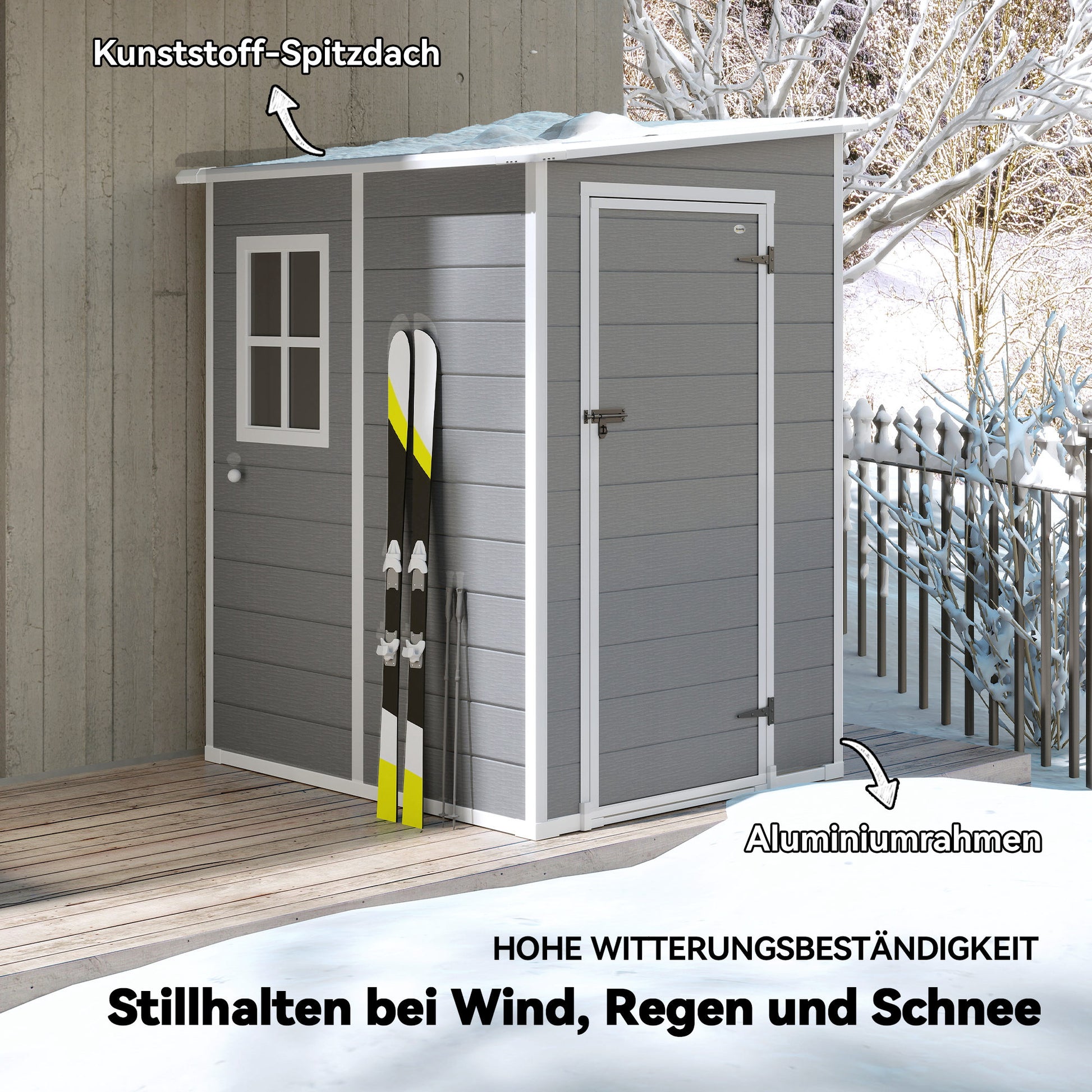 Tool Shed 1.54m³, Garden Shed with Pent Roof, Base 122 x 149 x 192/177 cm, Weatherproof Tool Shed with Lockable Door, Window, Plastic Garden Cabinet, for Backyard, Garden, Gray