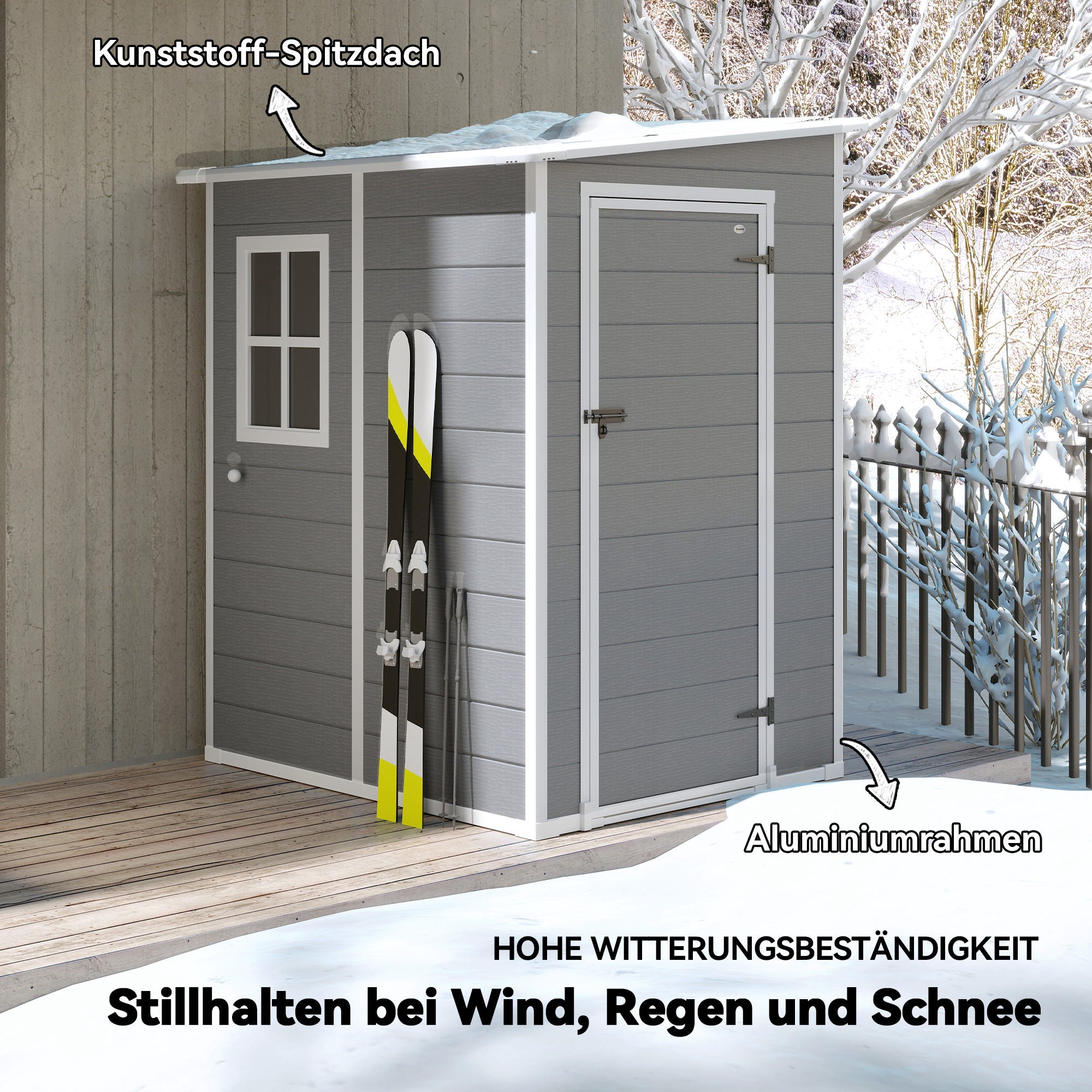 Tool Shed 1.54m³, Garden Shed with Pent Roof, Base 122 x 149 x 192/177 cm, Weatherproof Tool Shed with Lockable Door, Window, Plastic Garden Cabinet, for Backyard, Garden, Gray