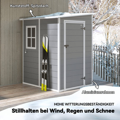 Tool Shed 1.54m³, Garden Shed with Pent Roof, Base 122 x 149 x 192/177 cm, Weatherproof Tool Shed with Lockable Door, Window, Plastic Garden Cabinet, for Backyard, Garden, Gray