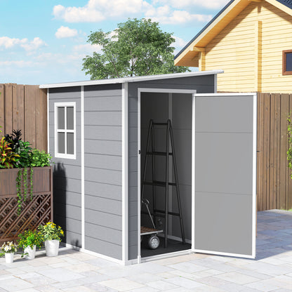 Tool Shed 1.54m³, Garden Shed with Pent Roof, Base 122 x 149 x 192/177 cm, Weatherproof Tool Shed with Lockable Door, Window, Plastic Garden Cabinet, for Backyard, Garden, Gray