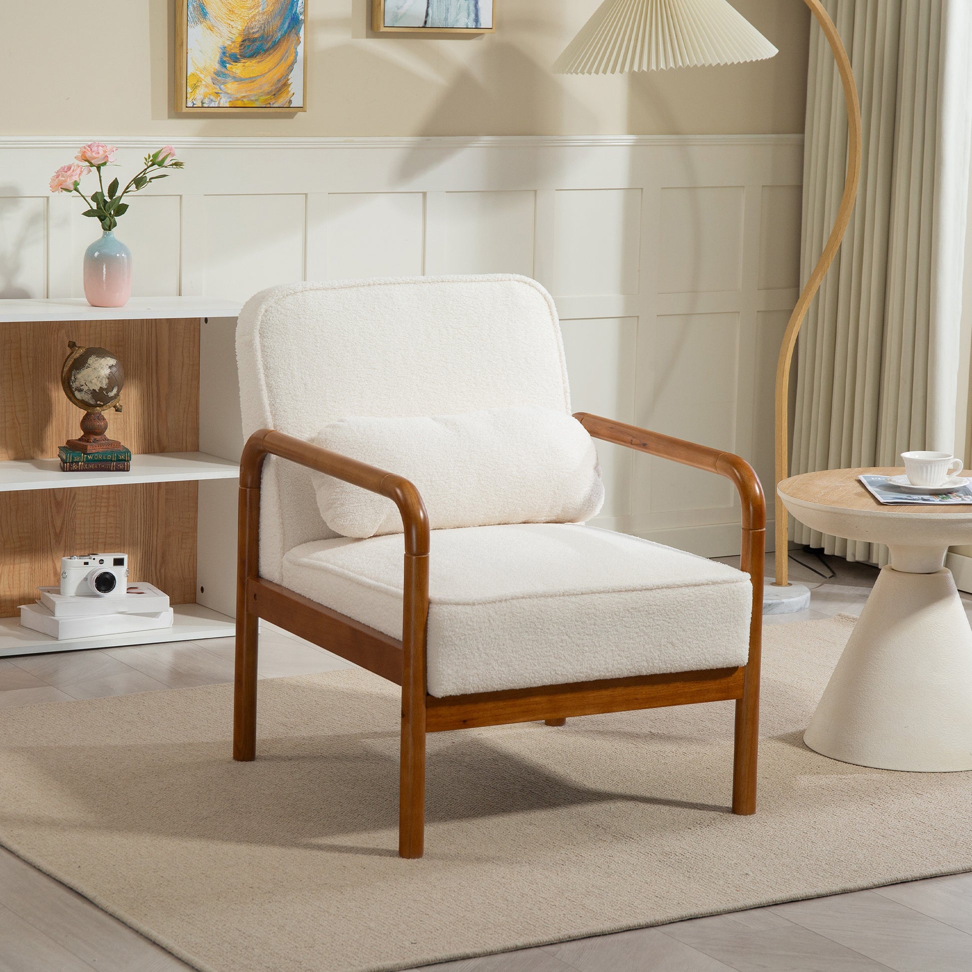 Loop Fabric Lounge Chair, Modern Relax Chair with Cushion and Rubber Wood Frame, Chair for Bedroom, Living Room, Dining Room, White