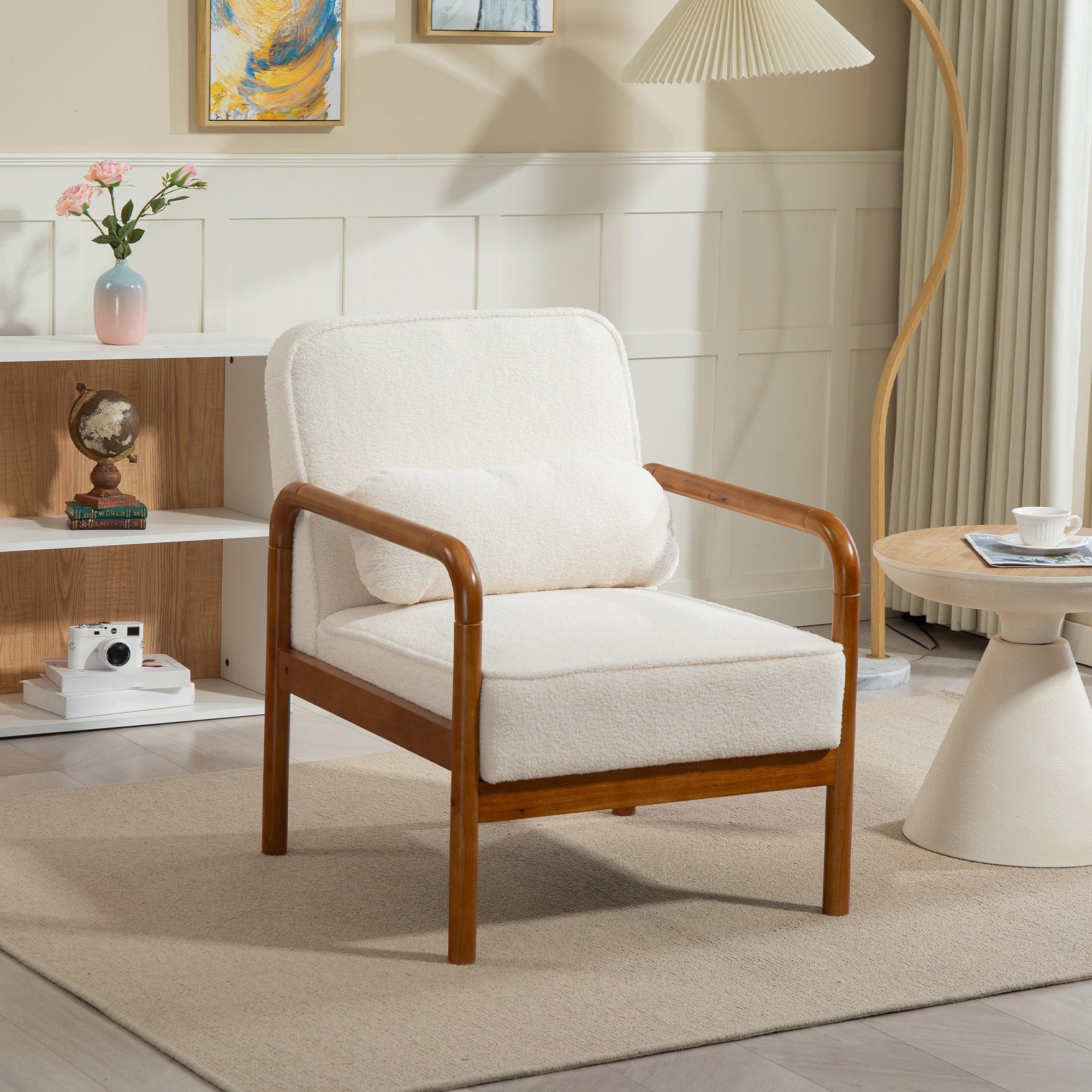 Loop Fabric Lounge Chair, Modern Relax Chair with Cushion and Rubber Wood Frame, Chair for Bedroom, Living Room, Dining Room, White