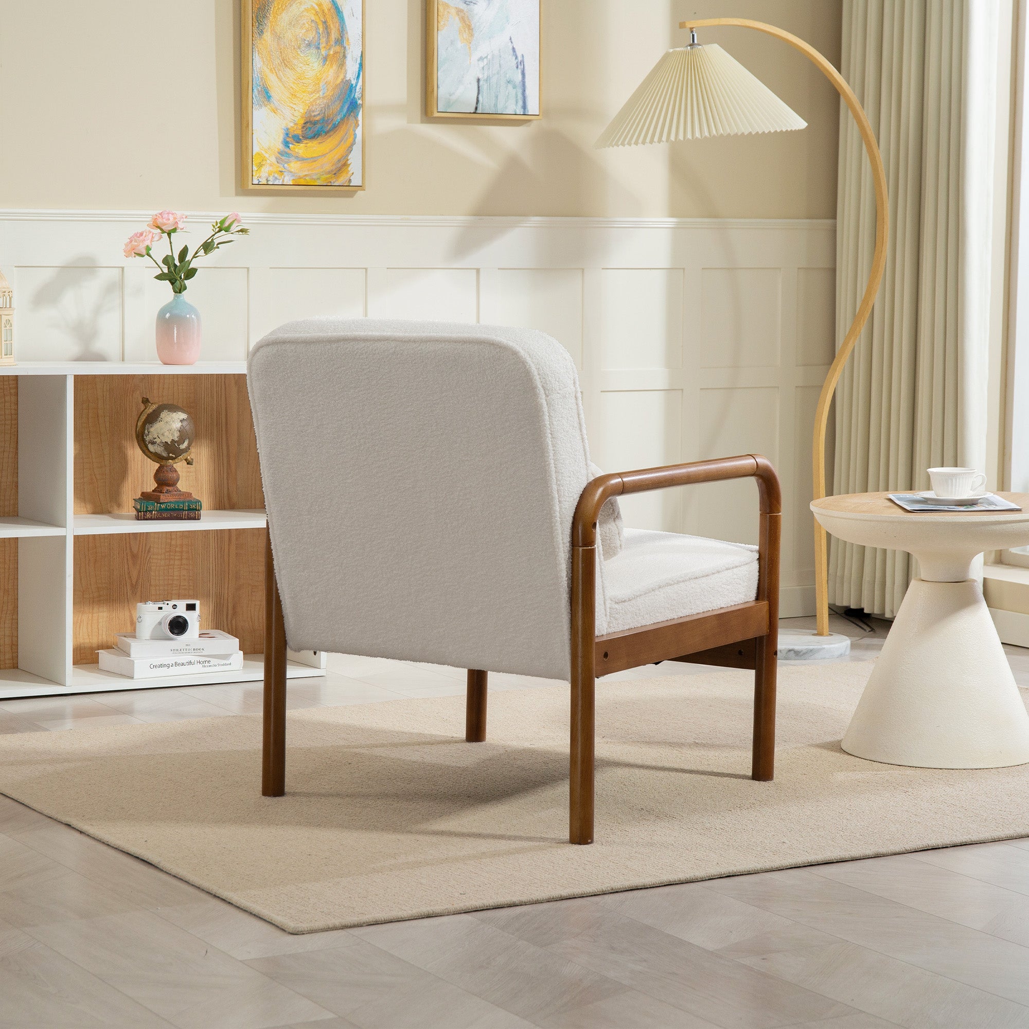 Loop Fabric Lounge Chair, Modern Relax Chair with Cushion and Rubber Wood Frame, Chair for Bedroom, Living Room, Dining Room, White