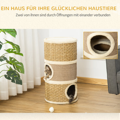 Scratching Barrel 70 cm High Ø 37.5 cm Three-story Cat Barrel with Sisal Rope, Cat Cave, Scratching Post for Small Cats, Khaki+Coffee