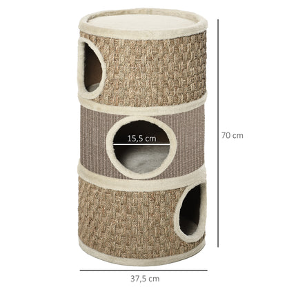 Scratching Barrel 70 cm High Ø 37.5 cm Three-story Cat Barrel with Sisal Rope, Cat Cave, Scratching Post for Small Cats, Khaki+Coffee