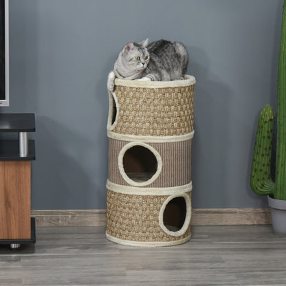 Scratching Barrel 70 cm High Ø 37.5 cm Three-story Cat Barrel with Sisal Rope, Cat Cave, Scratching Post for Small Cats, Khaki+Coffee