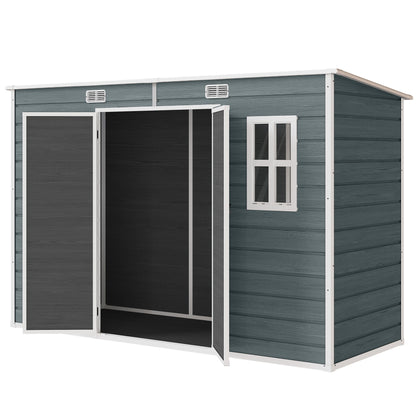 Garden Shed 3.2 m² (34.5 ft²), 303×123×197 cm (9'11" x 4'0" x 6'6") — Plastic Storage Shed with Windows, Double Doors, Lockable Vent, Wood-Look Floor (Gray)