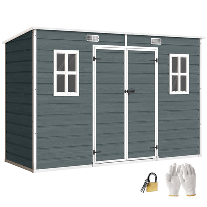Garden Shed 3.2 m² (34.5 ft²), 303×123×197 cm (9'11" x 4'0" x 6'6") — Plastic Storage Shed with Windows, Double Doors, Lockable Vent, Wood-Look Floor (Gray)