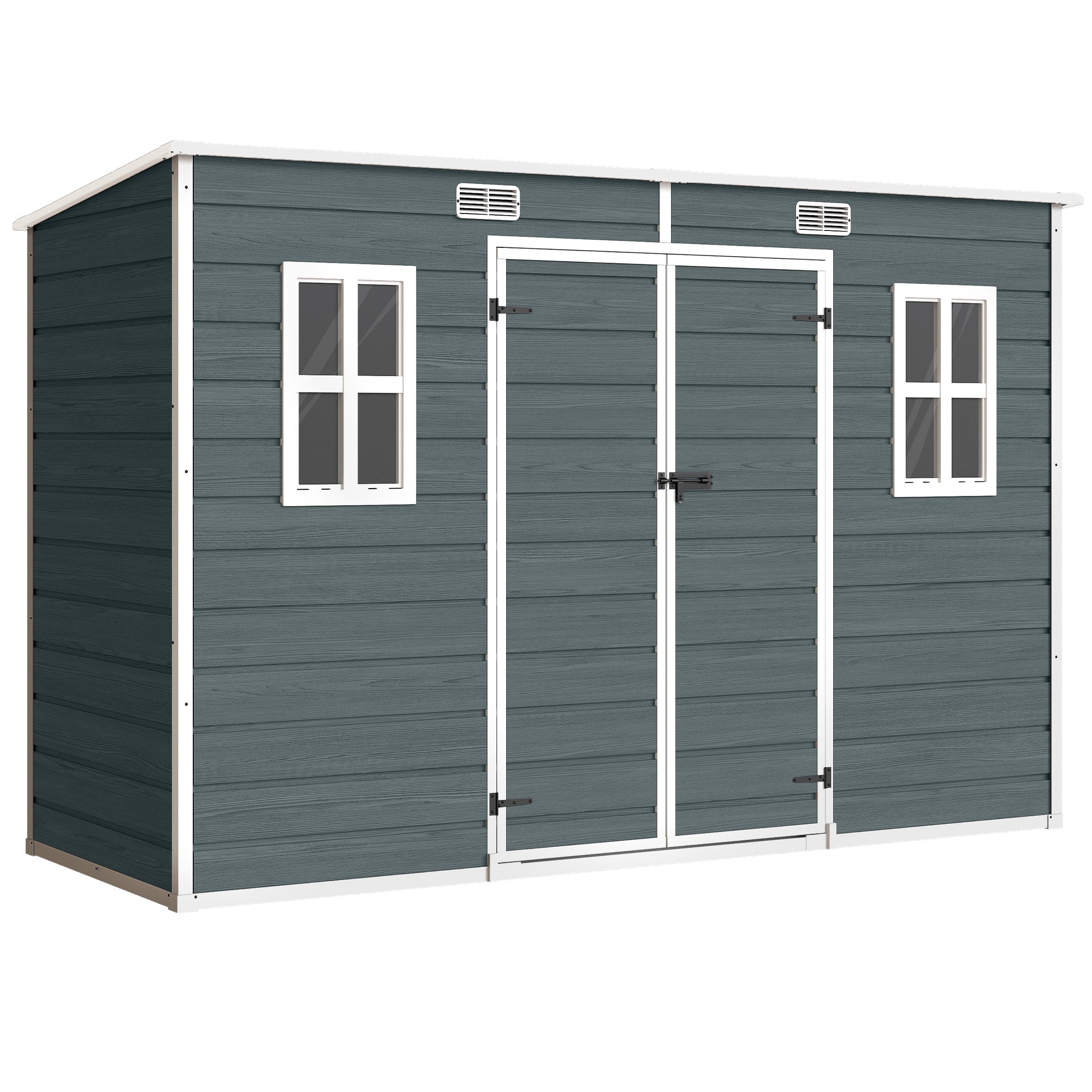 Garden Shed 3.2 m² (34.5 ft²), 303×123×197 cm (9'11" x 4'0" x 6'6") — Plastic Storage Shed with Windows, Double Doors, Lockable Vent, Wood-Look Floor (Gray)
