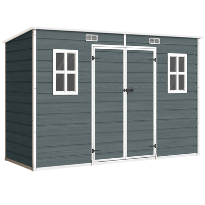 Garden Shed 3.2 m² (34.5 ft²), 303×123×197 cm (9'11" x 4'0" x 6'6") — Plastic Storage Shed with Windows, Double Doors, Lockable Vent, Wood-Look Floor (Gray)