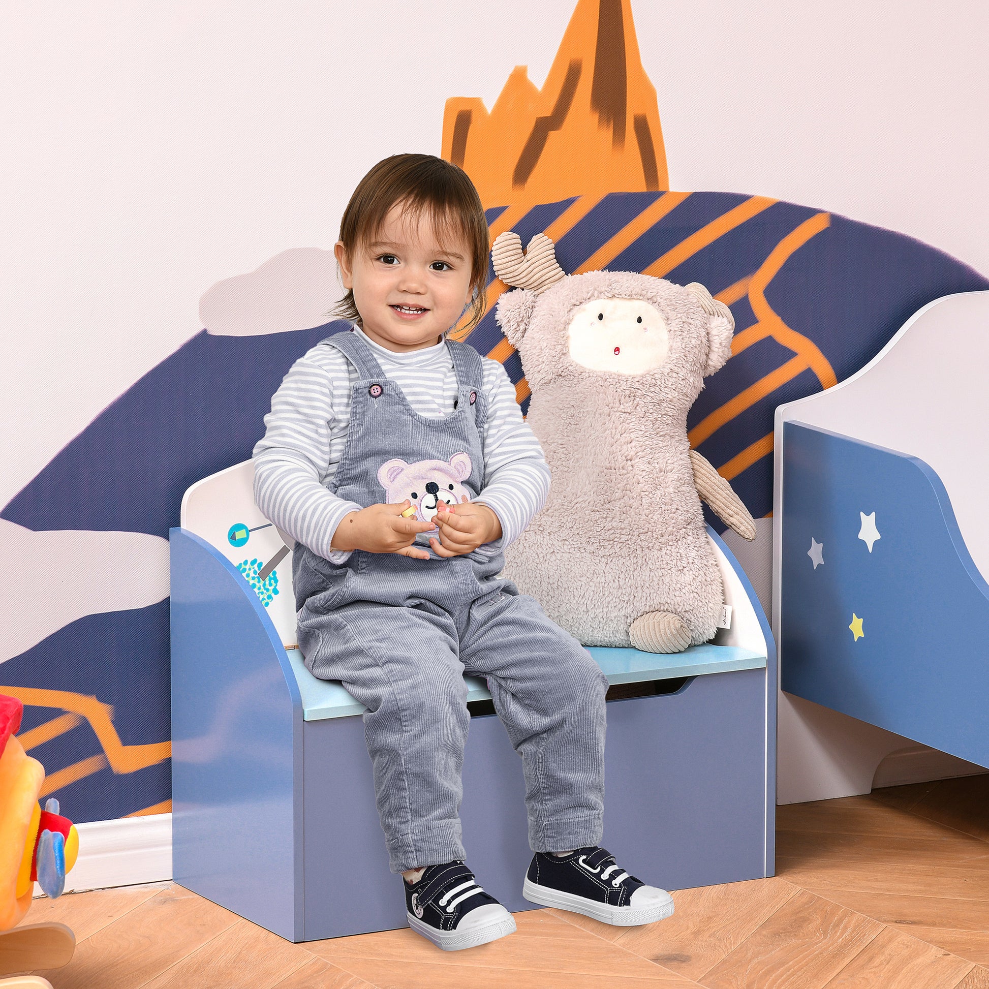 Toy Box with Bench 2 in 1 made of Wood, Toy Chest with Backrest for Children Aged 3-6 Years, 60x30x50 cm, Blue