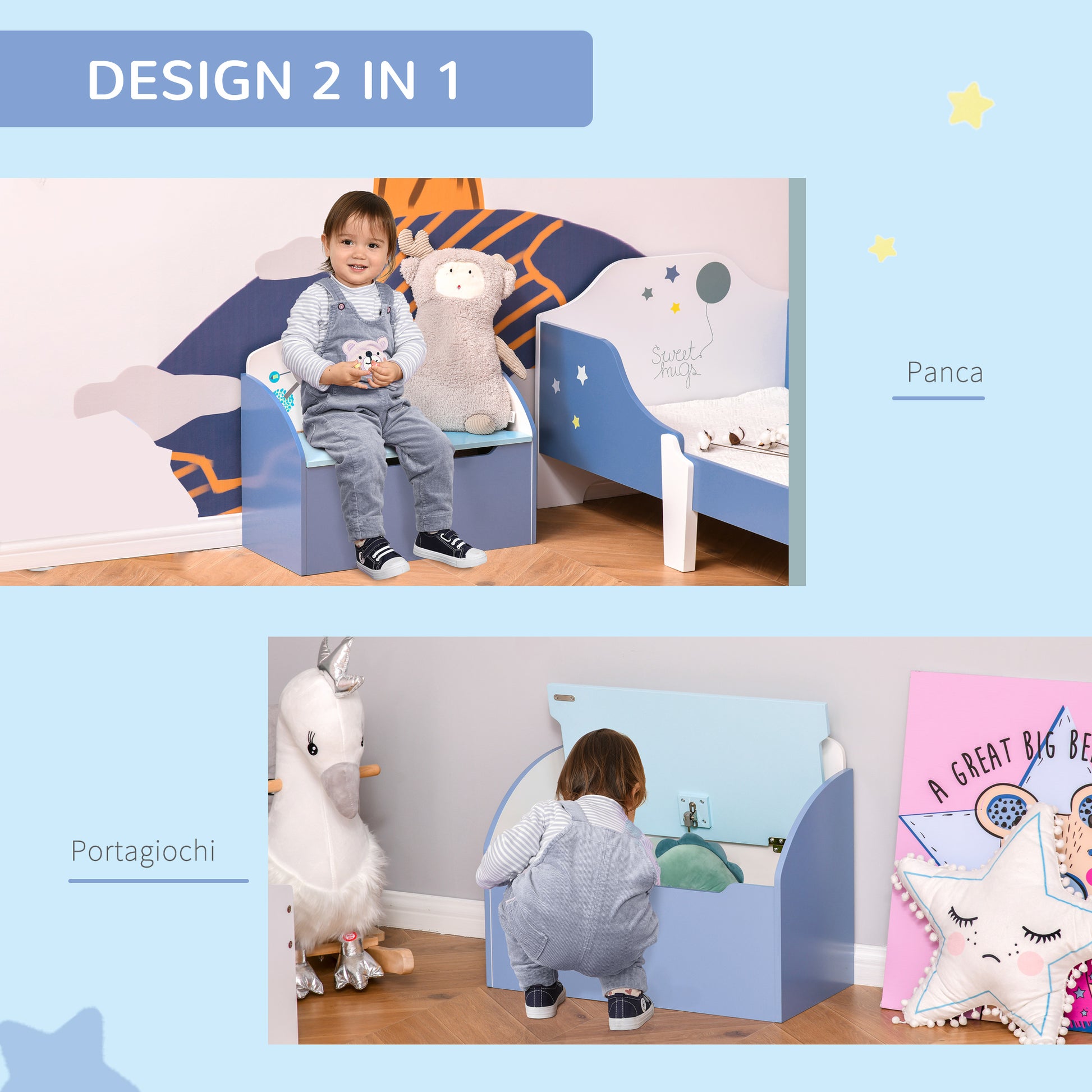 Toy Box with Bench 2 in 1 made of Wood, Toy Chest with Backrest for Children Aged 3-6 Years, 60x30x50 cm, Blue