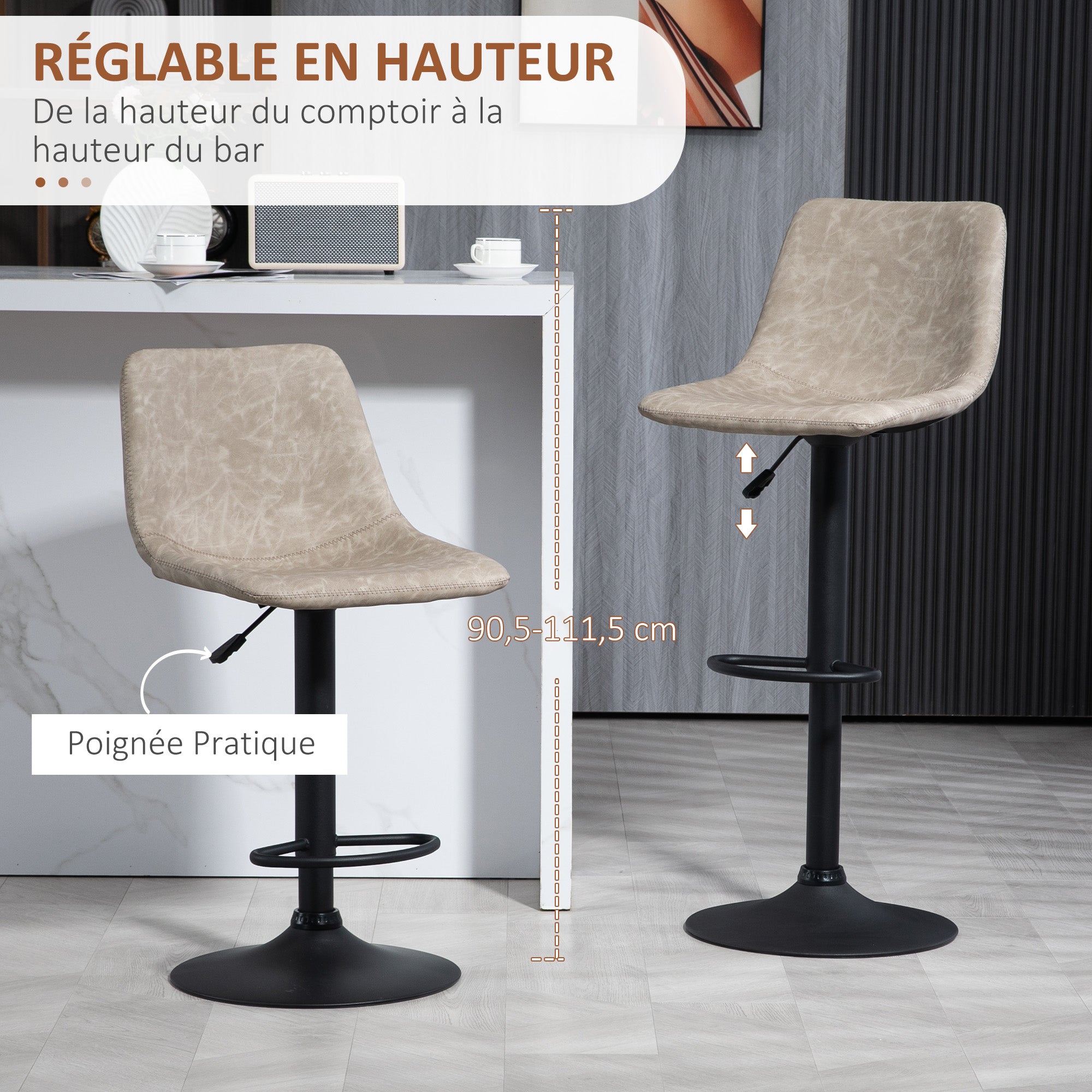 Set of 2 vintage style adjustable swivel bar stools with synthetic upholstery - beige - adjustable height 60-81H cm