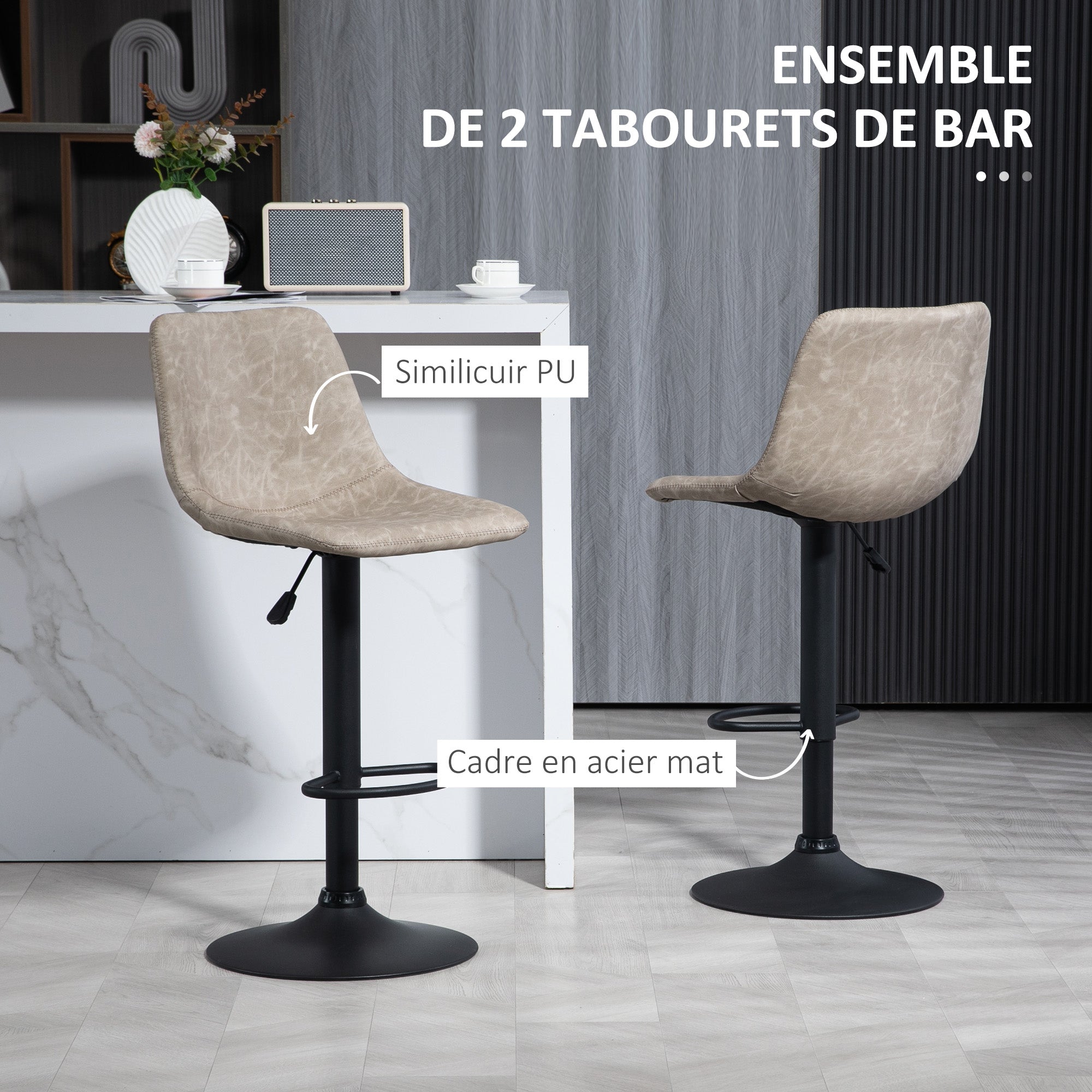 Set of 2 vintage style adjustable swivel bar stools with synthetic upholstery - beige - adjustable height 60-81H cm