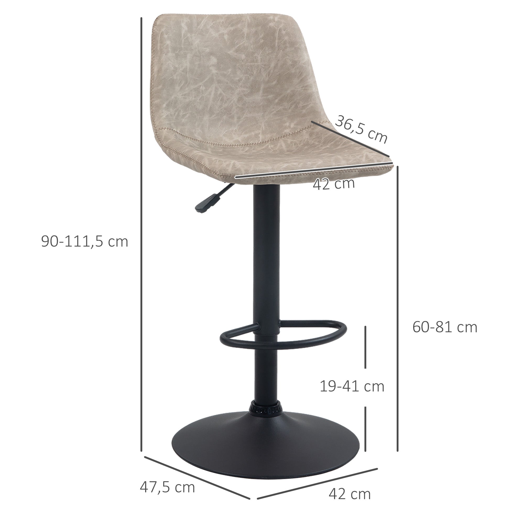 Set of 2 vintage style adjustable swivel bar stools with synthetic upholstery - beige - adjustable height 60-81H cm