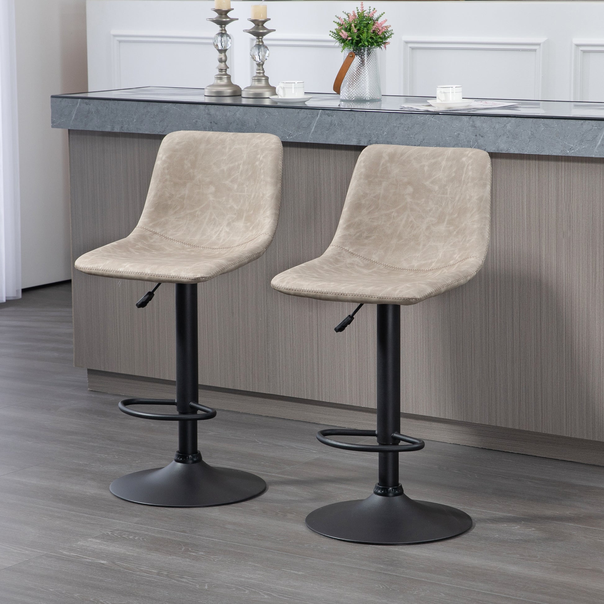 Set of 2 vintage style adjustable swivel bar stools with synthetic upholstery - beige - adjustable height 60-81H cm